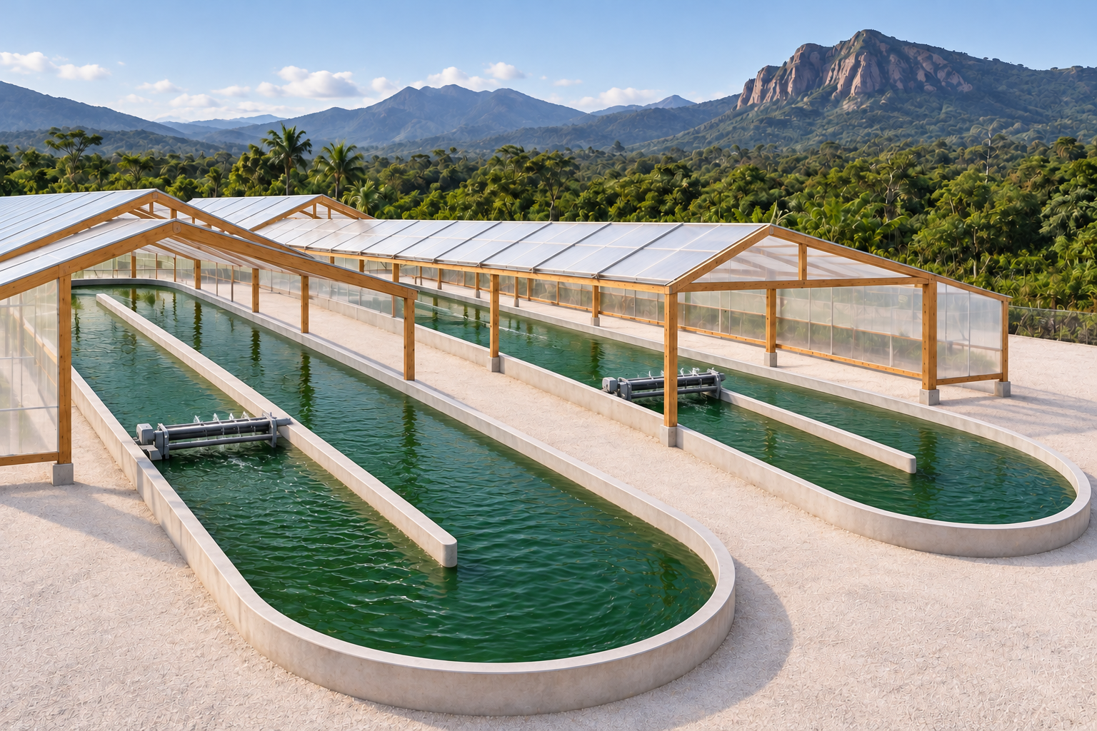 Cultivation vision with rounded raceway basins, central dividers, paddlewheels and clear plant-free service areas